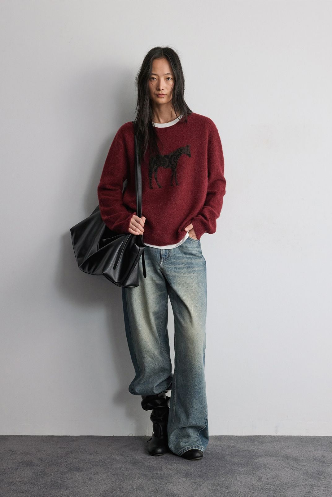 RandomPiece Contrast Panel Loose Jeans in Light Blue - On Model