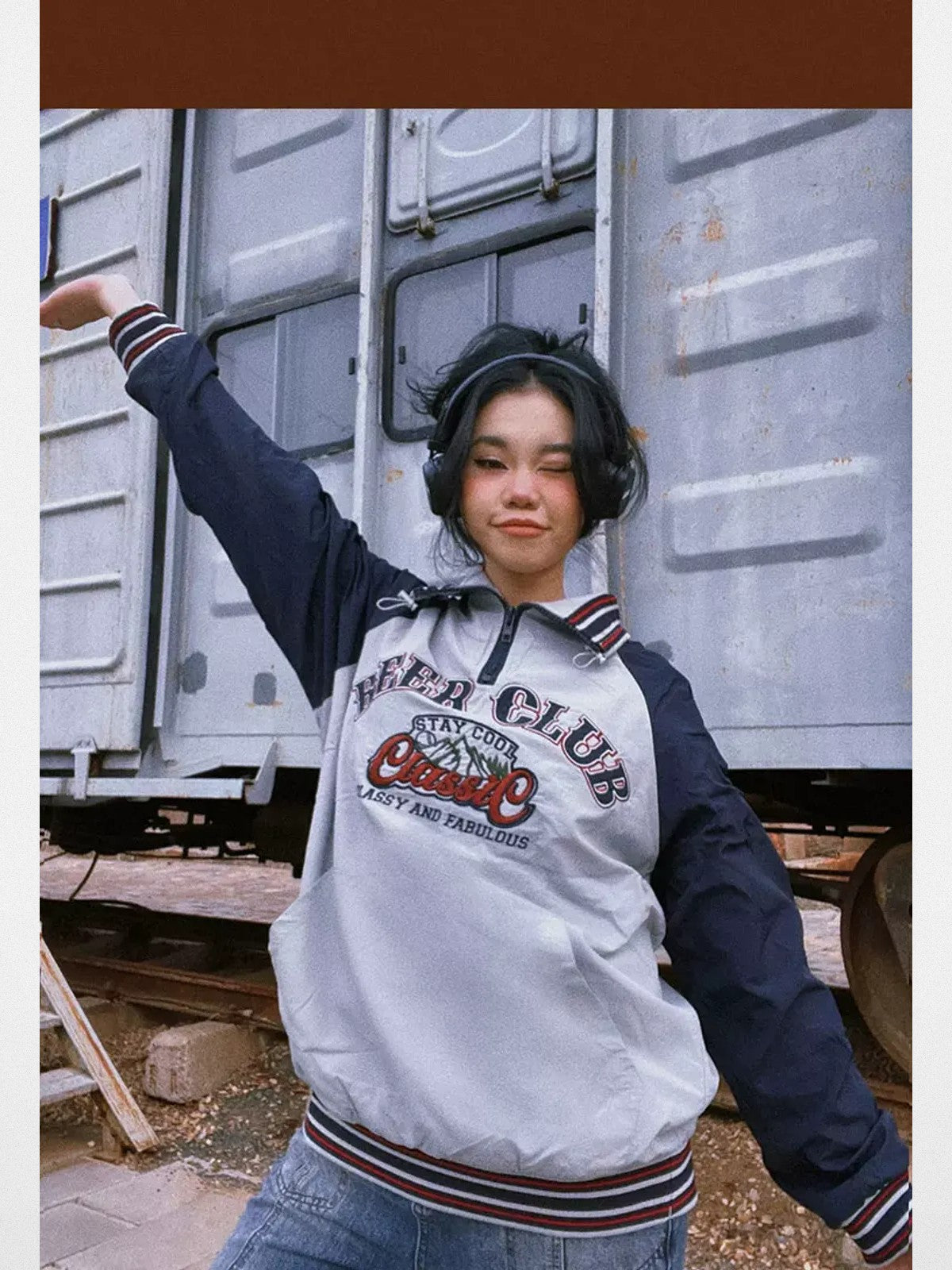 BeerBro Color Block Half Zip Sweatshirt in Gray