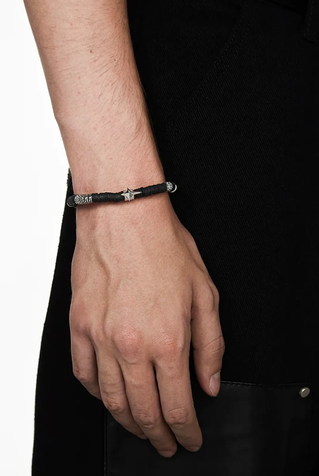 BLACKHEAD Star Pendant Chain Bead Bracelet in Black - On Model