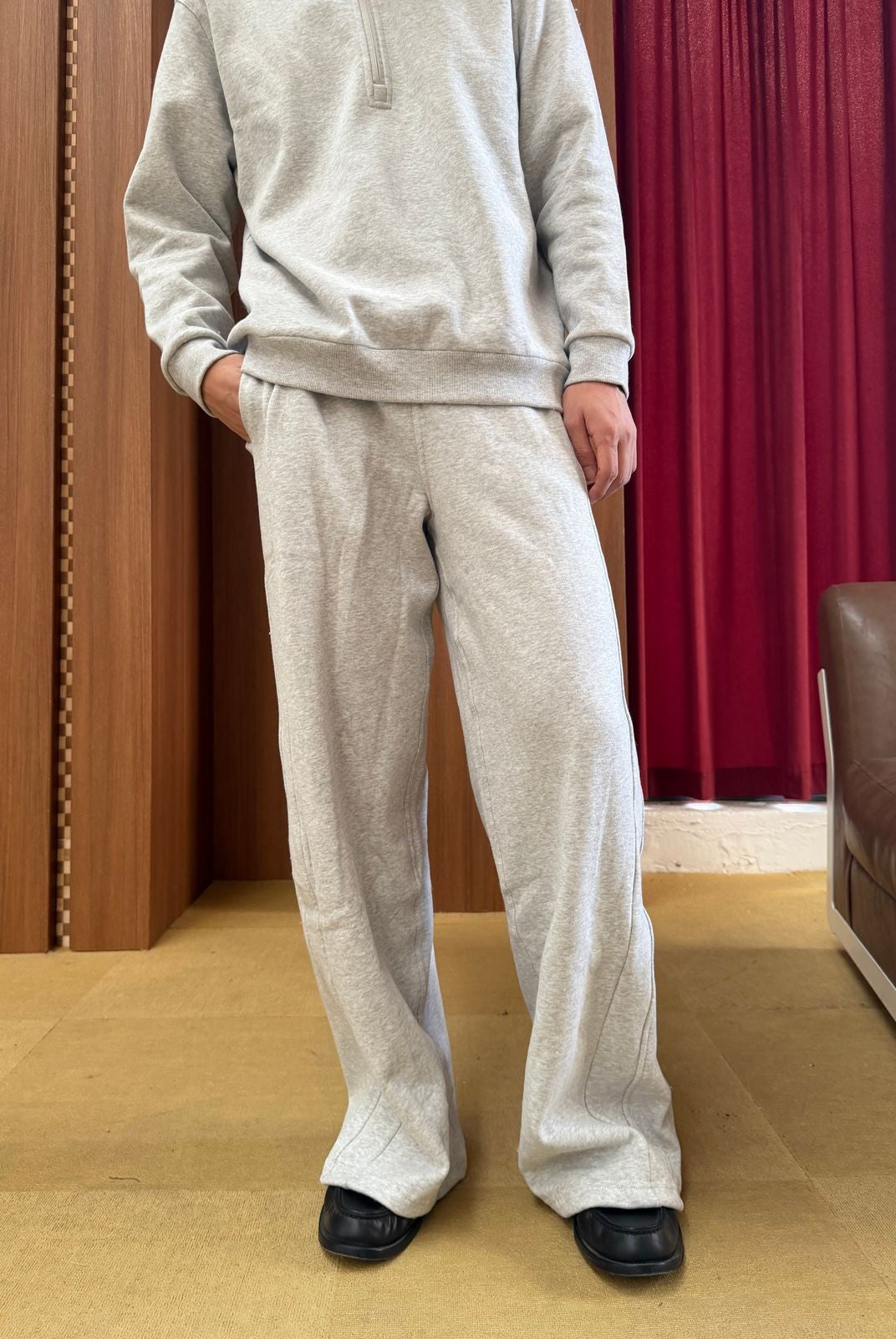 TRIANGLE PROJECT Brushed Cotton Wide Leg Sweatpants in Gray - On Model