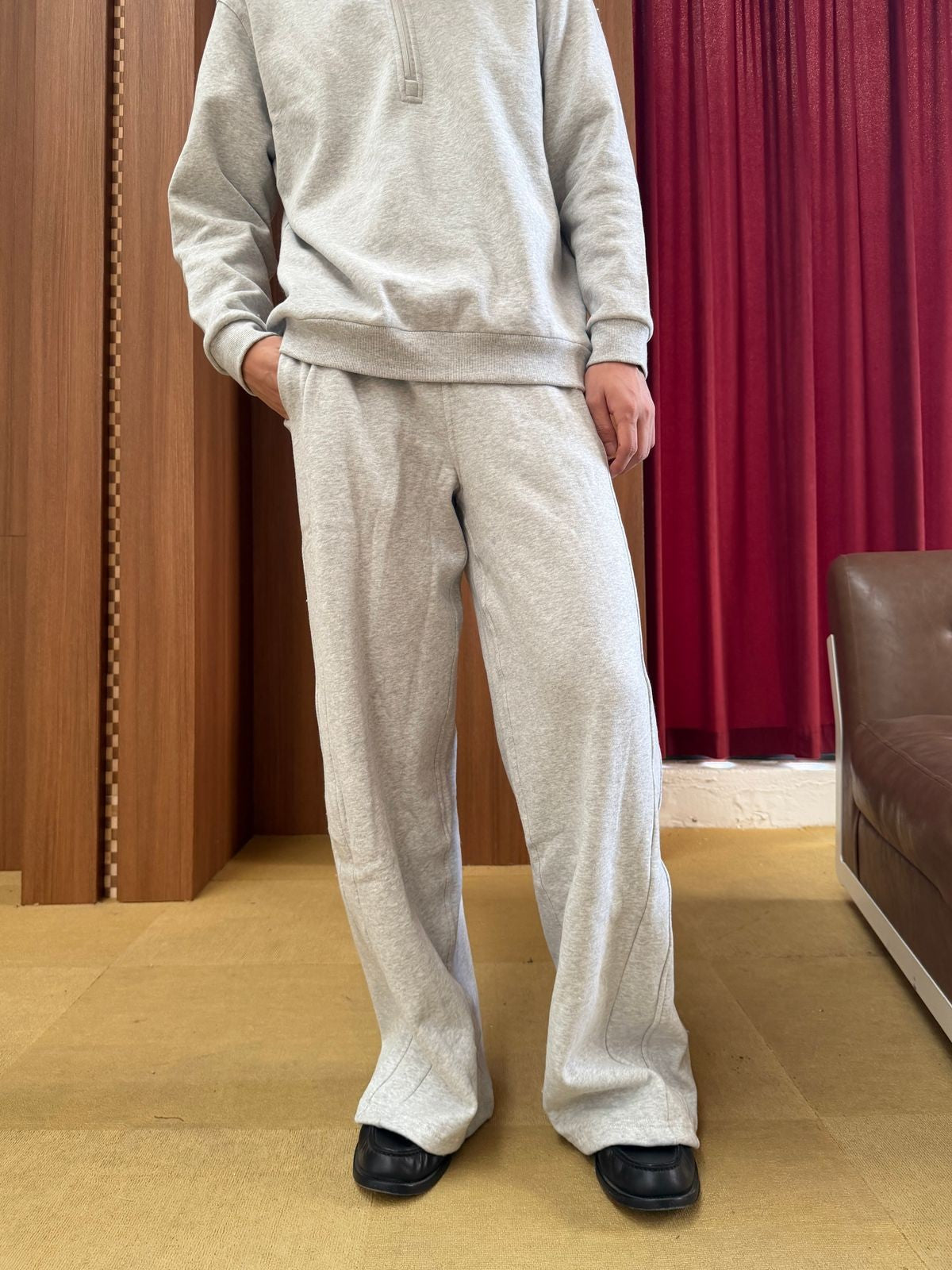 TRIANGLE PROJECT Brushed Cotton Wide Leg Sweatpants in Gray - On Male Model