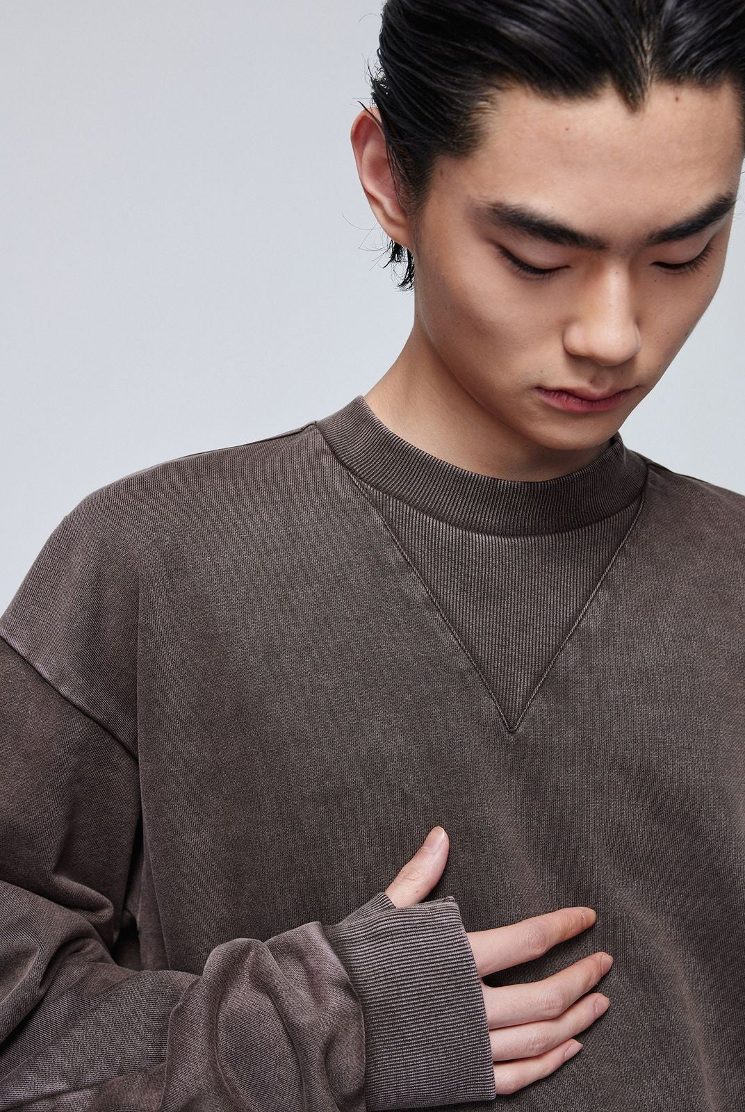 Simple Project Faded Cotton Crewneck Sweatshirt in Coffee - On Model