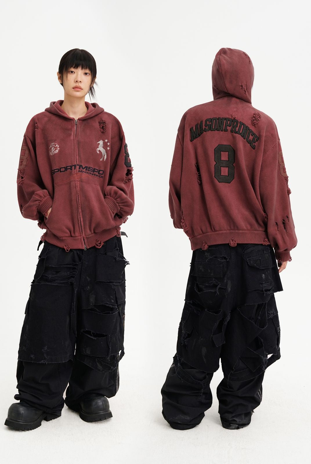 MasonPrince Distressed Horse Graphic Zip Hoodie in Burgundy - On Model