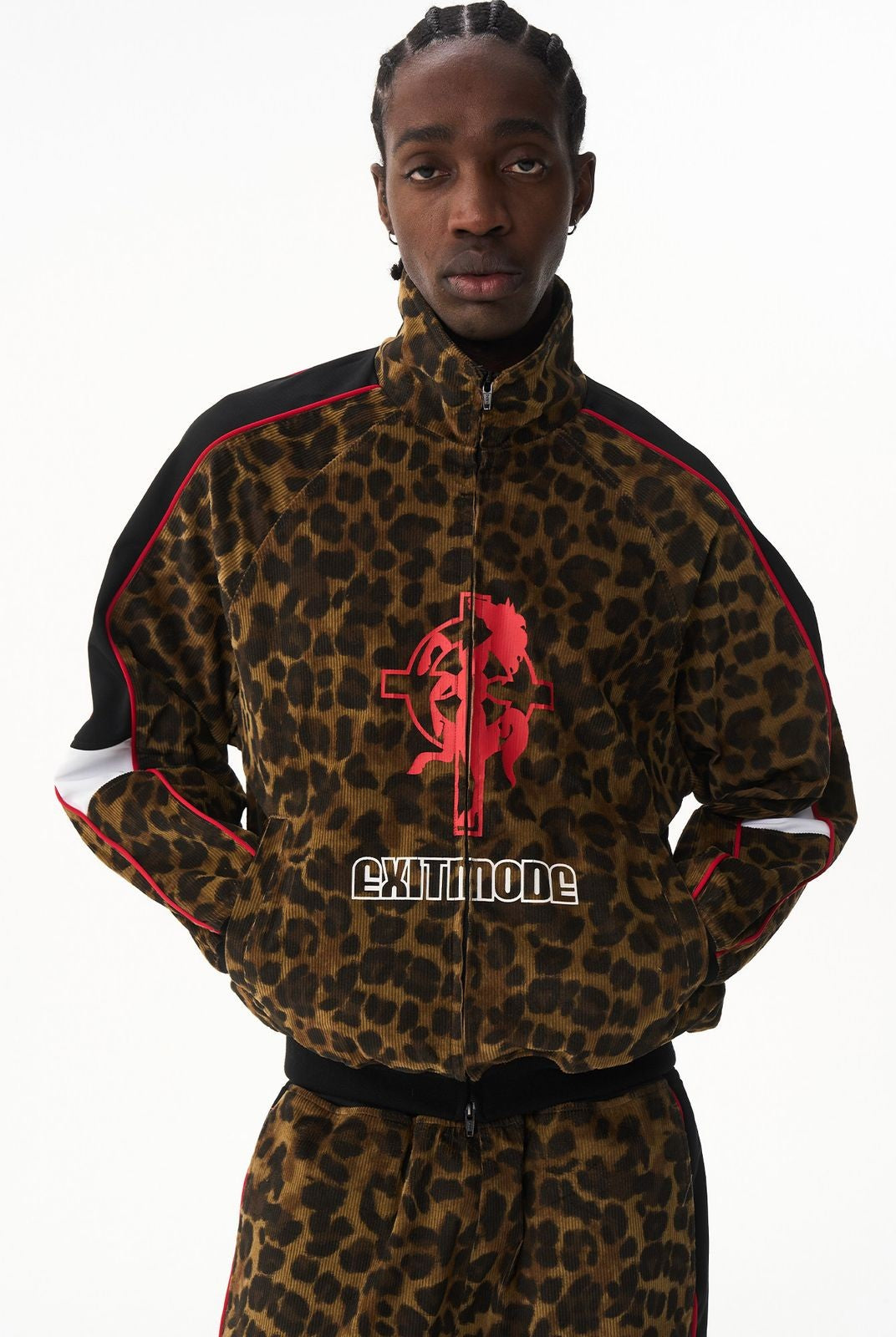 BLINDNOPLAN Leopard Print Track Jacket in Brown - On Model