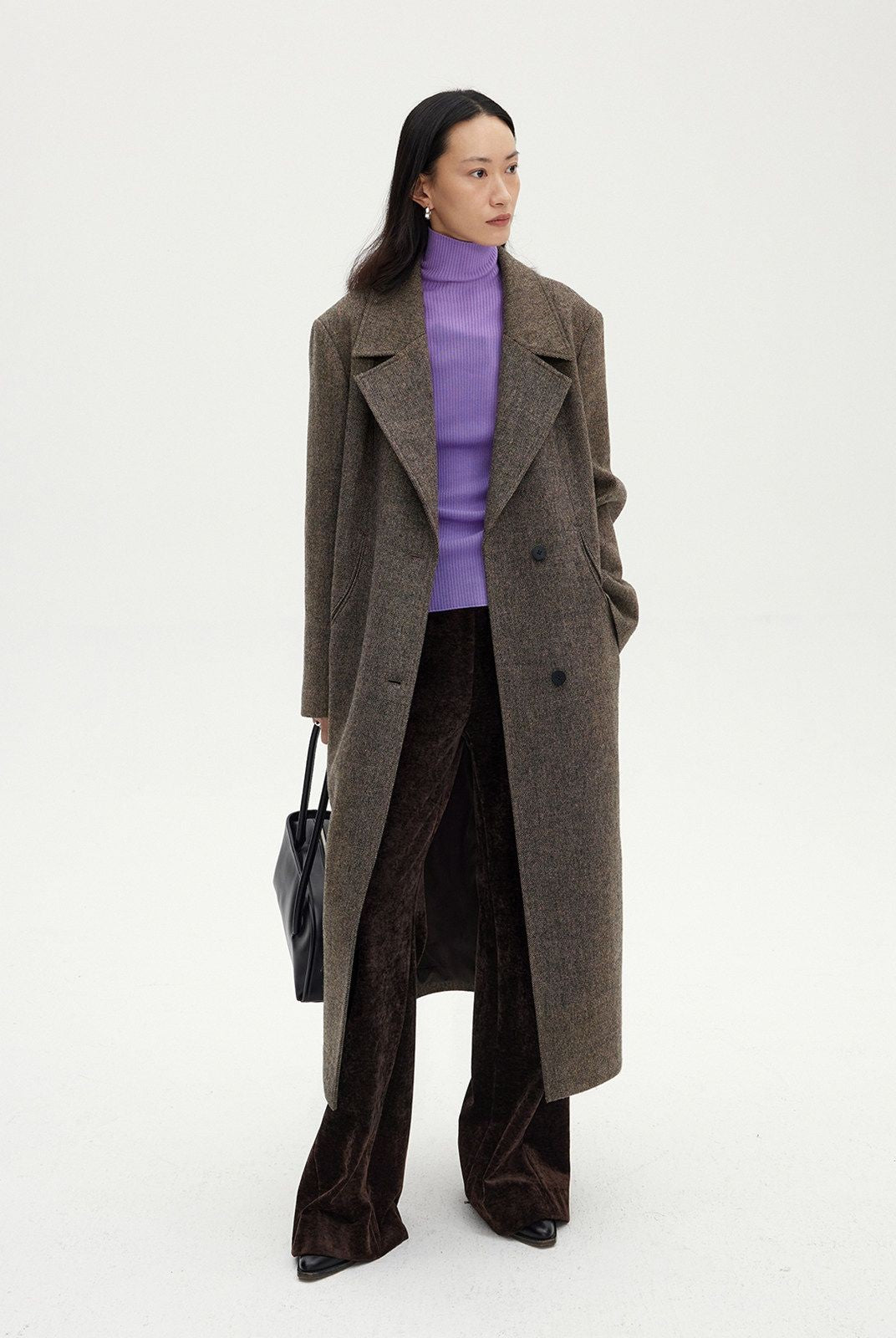 RandomPiece Chenille Velvet Micro Flare Pants in Brown - On Model