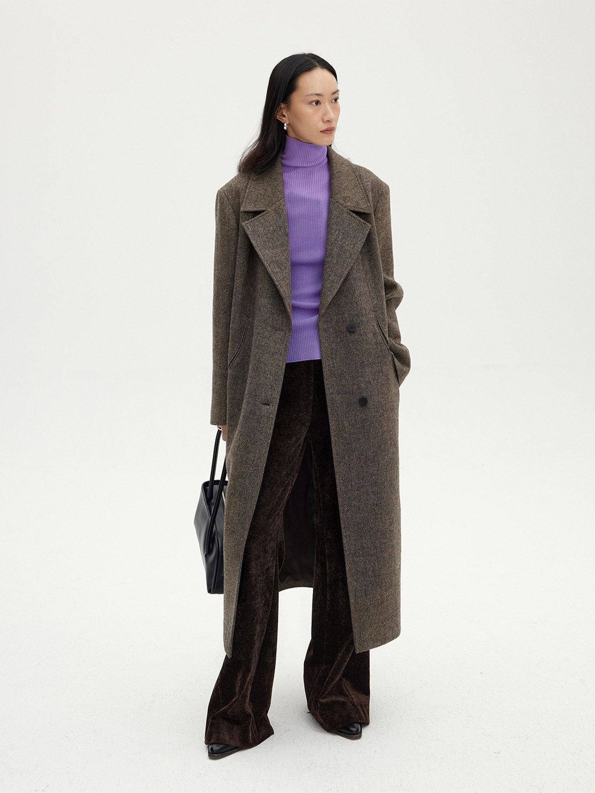 RandomPiece Chenille Velvet Micro Flare Pants in Brown - On Model