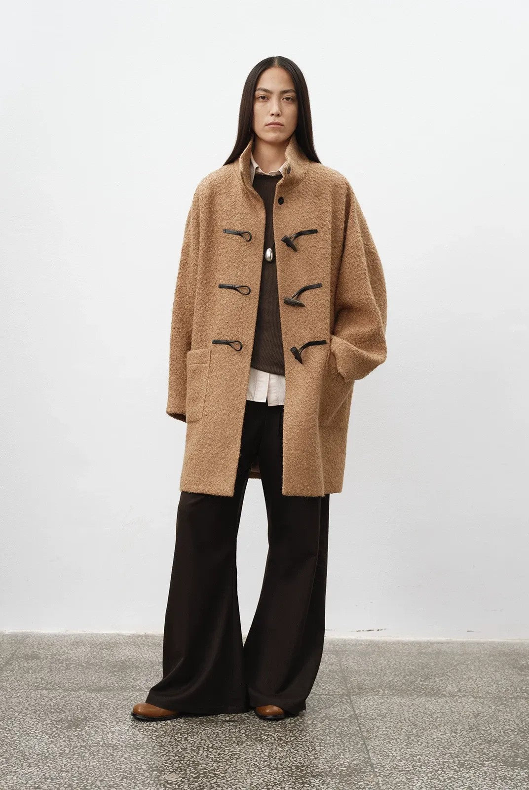 RandomPiece Alpaca Wool Boucl Toggle Coat in Beige - On Model