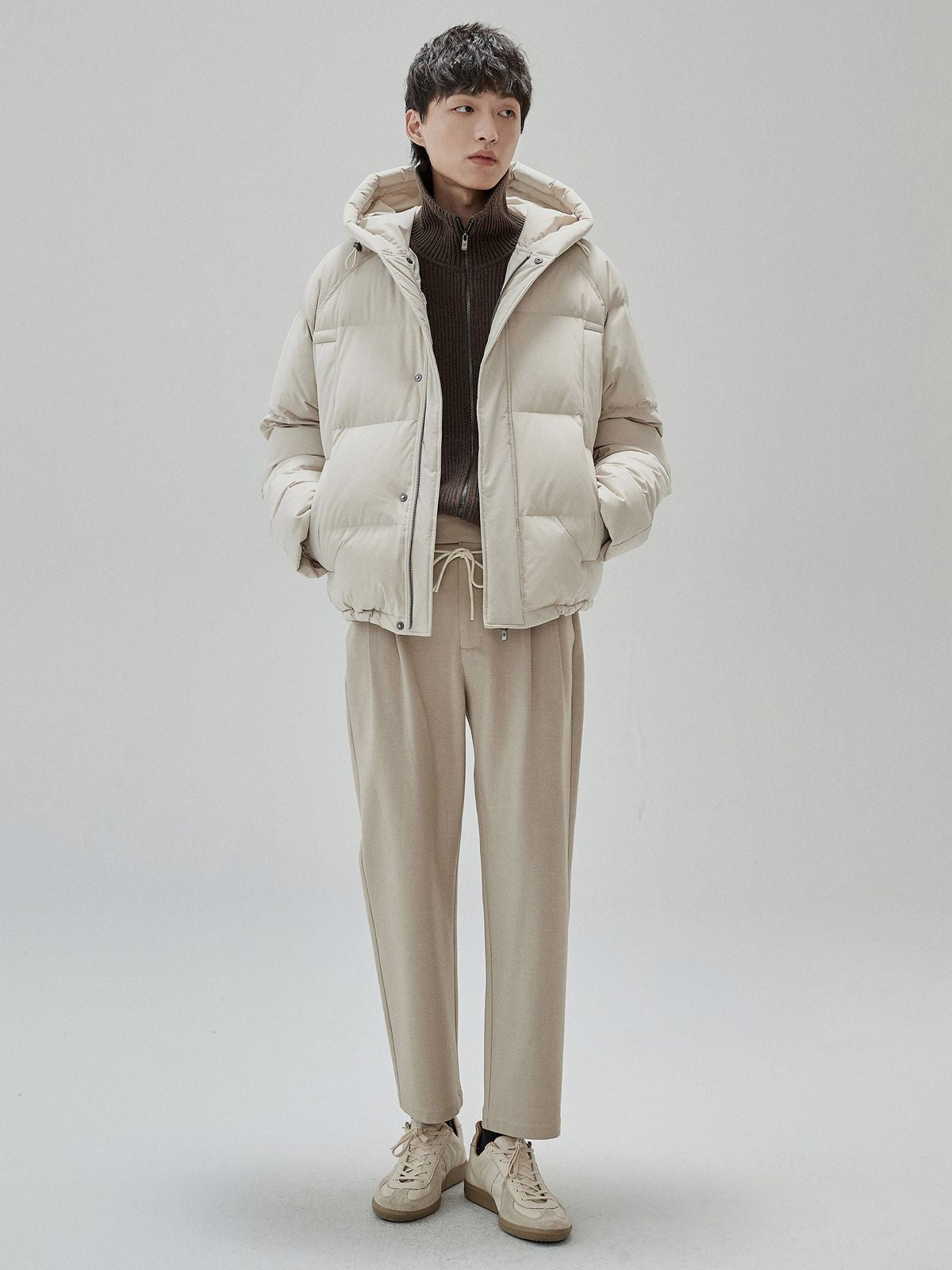 NANS Wide Quilt Hooded Down Puffer in Beige - On Model