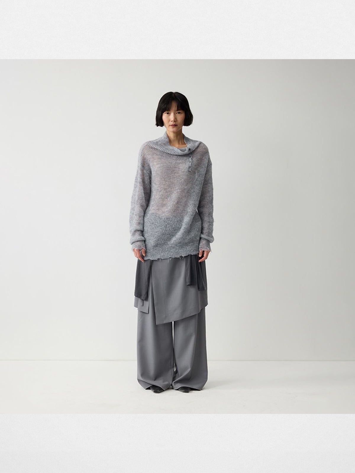 Randompiece Layered Wool Blend Wide Leg Trousers in Gray - On Model