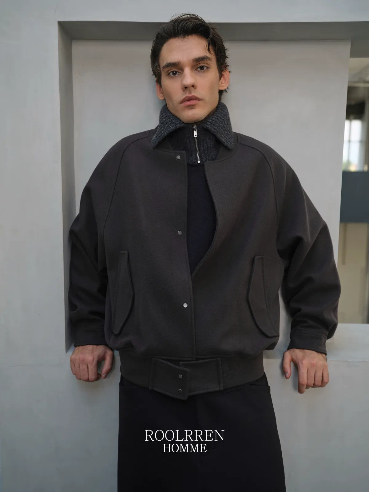 Roolrren Homme Wool Blend Varsity Jacket in Brown - On Model