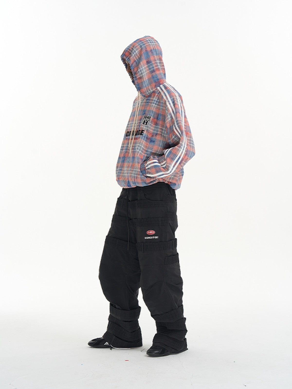 BLINDNOPLAN Plaid Spliced Pullover Hoodie in Blue - On Model