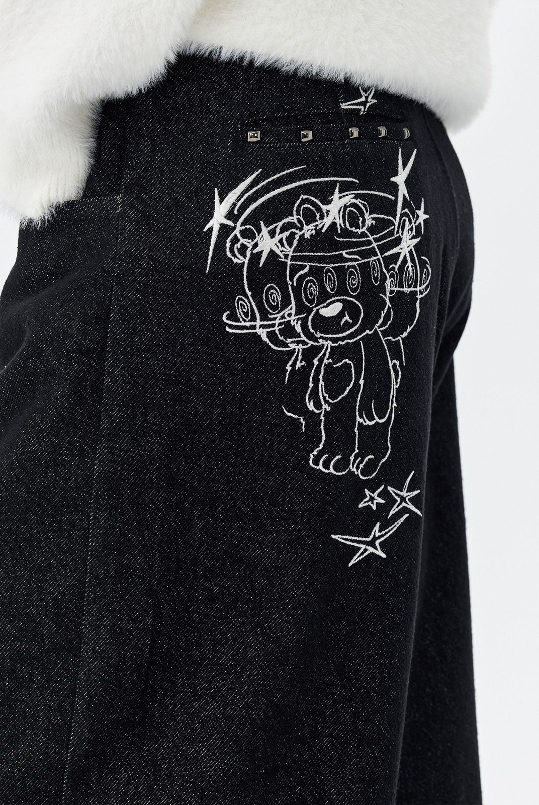 MEDM Embroidered Raw Denim Straight Leg Jeans in Blue - On Female Model