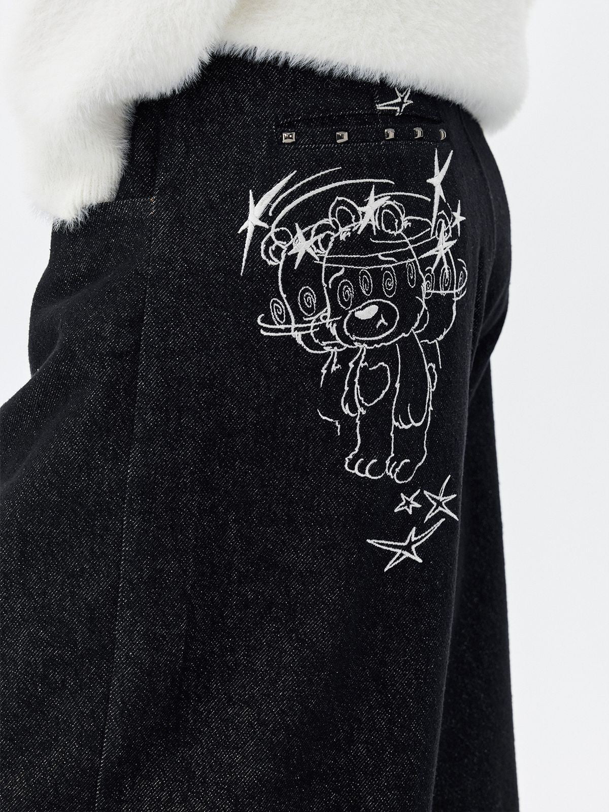 MEDM Embroidered Raw Denim Straight Leg Jeans in Blue - On Female Model