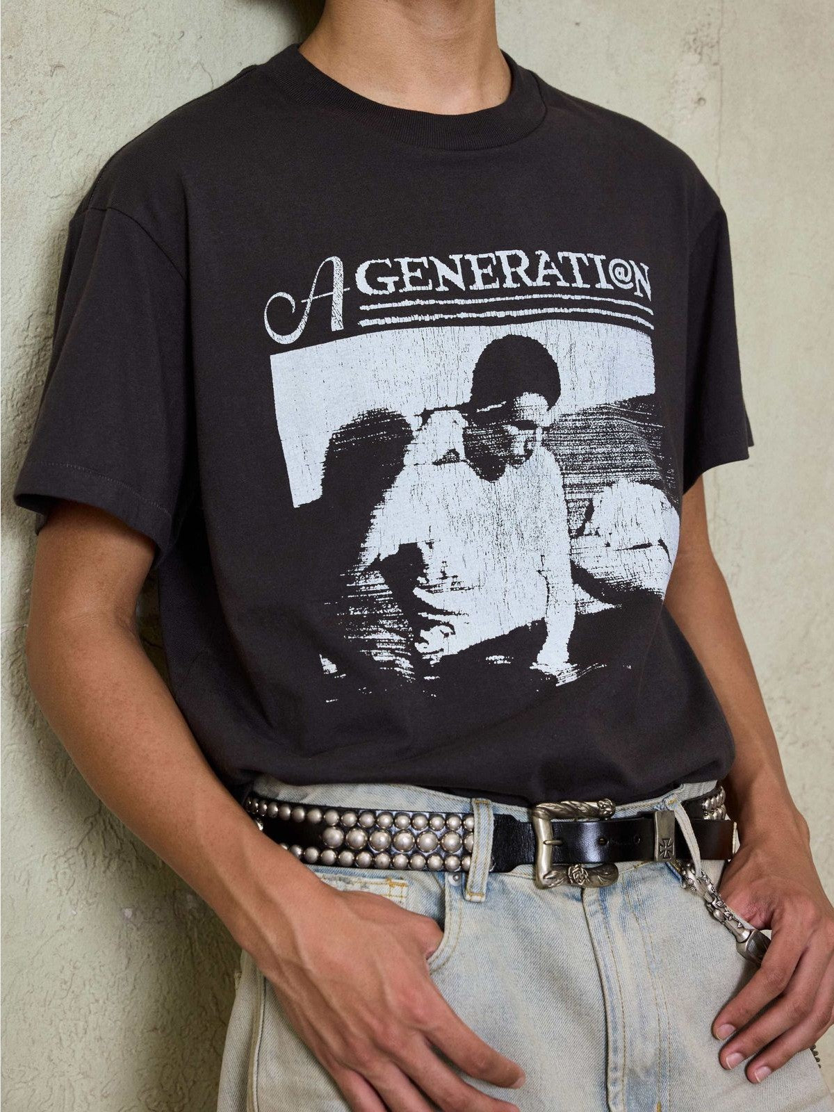 AFterTaste Cracked Portrait Single Stitch Tee in Black - On Model