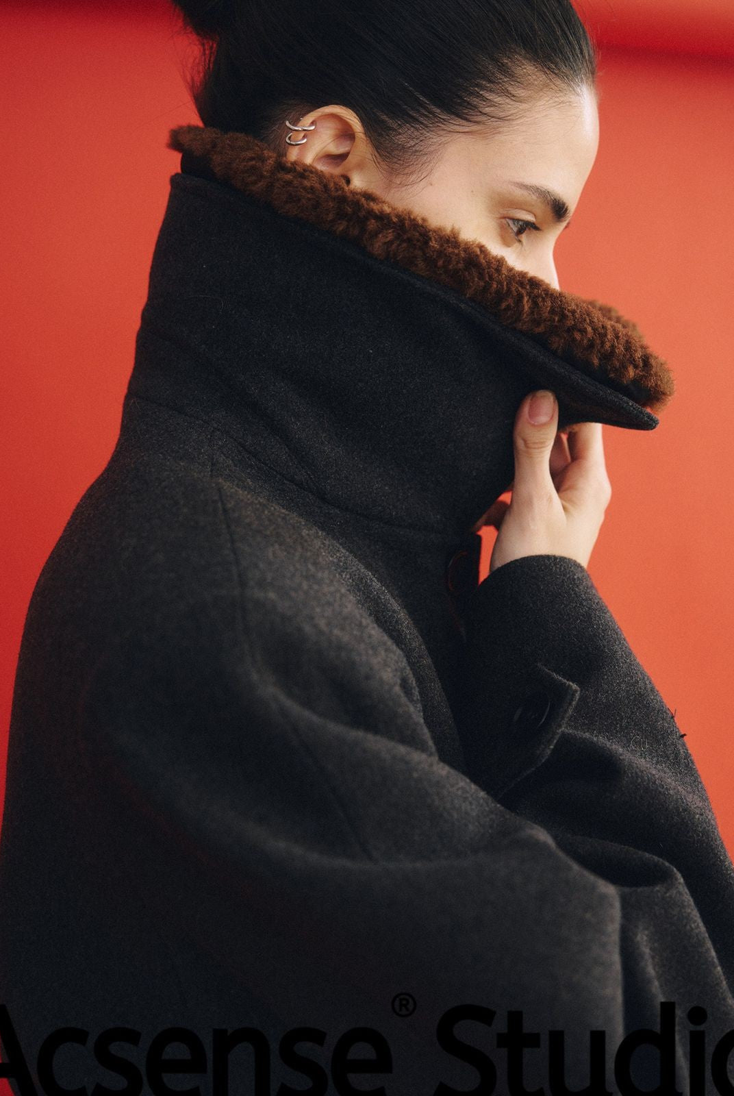 ACSENSE STUDIO Faux Fur Collar Wool Blend Coat in Gray - On Model