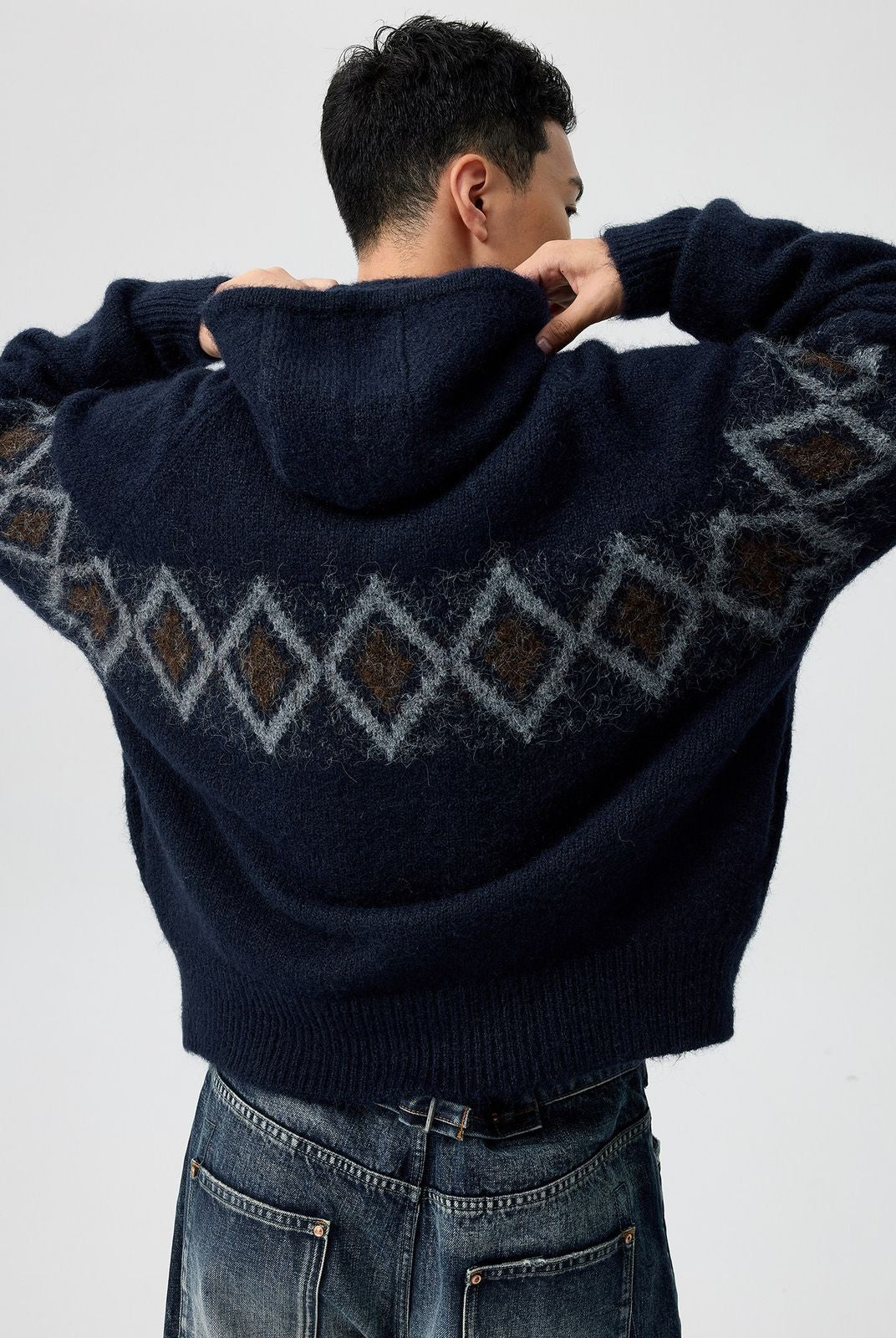 Simple Project Offset Argyle Hooded Cardigan in Navy Blue - On Male Model