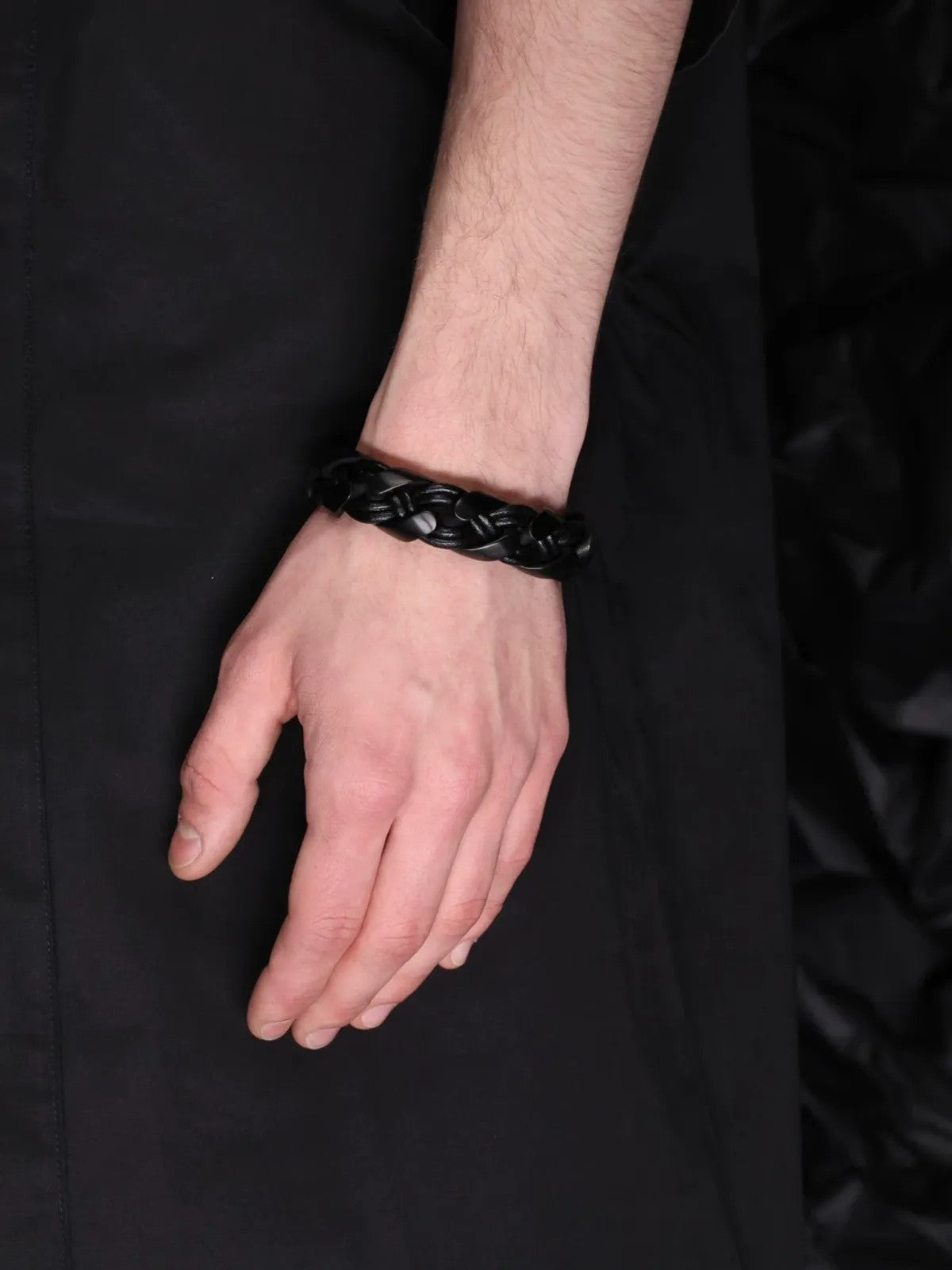 BLACKHEAD Braided Cowhide Steel Bracelet in Black - On Model