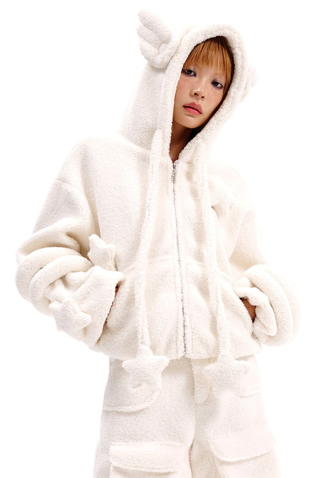 CFIERCE Angel Wing Sherpa Jacket in White - On Model