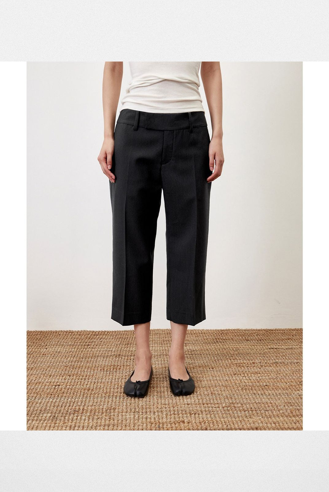 RandomPiece Pinstripe Wool Blend Bermuda Shorts in Black - On Model