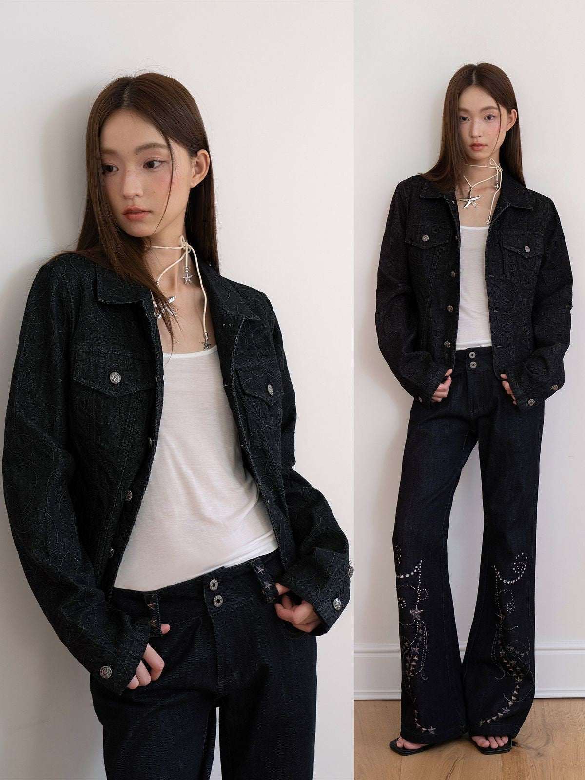 THELIGHT OFFICIAL Textured Cropped Denim Jacket in Black - On Model