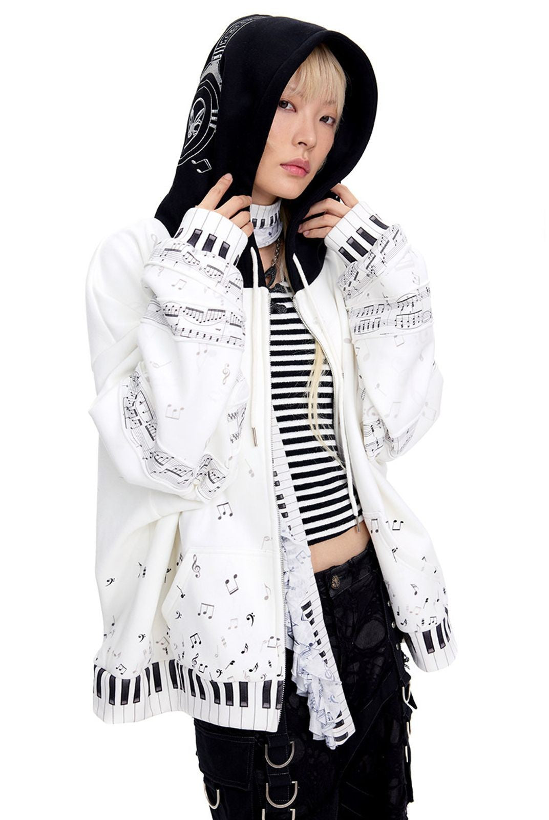 CFIERCE Piano Note Print Zip Up Hoodie in White - On Female Model
