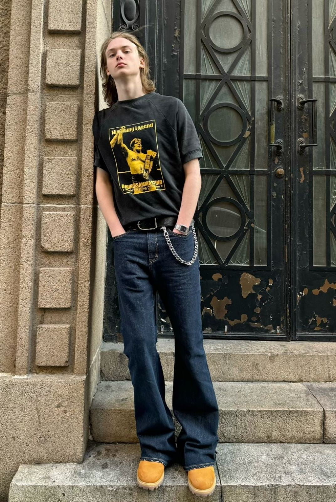 VLABMADE Contrast Stitch Raw Denim Jeans in Blue - On Model