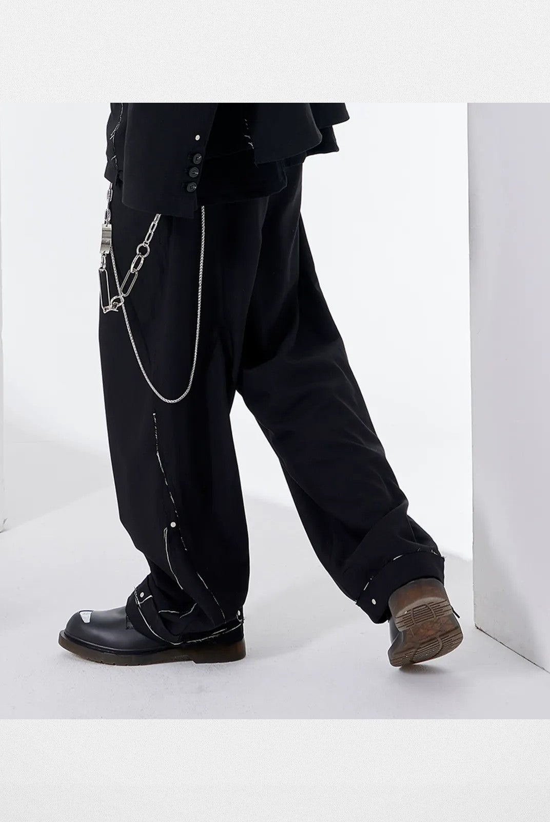 LOSTCTRL Deconstructed Raw Edge Suit Pants in Black - On Model