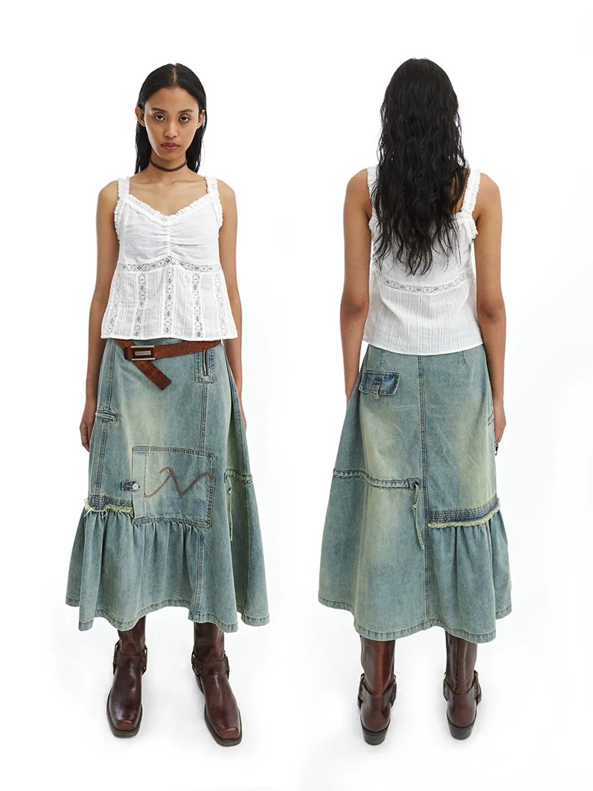 NeverSeez Asymmetric Vintage Wash Denim Skirt in Blue - On Model