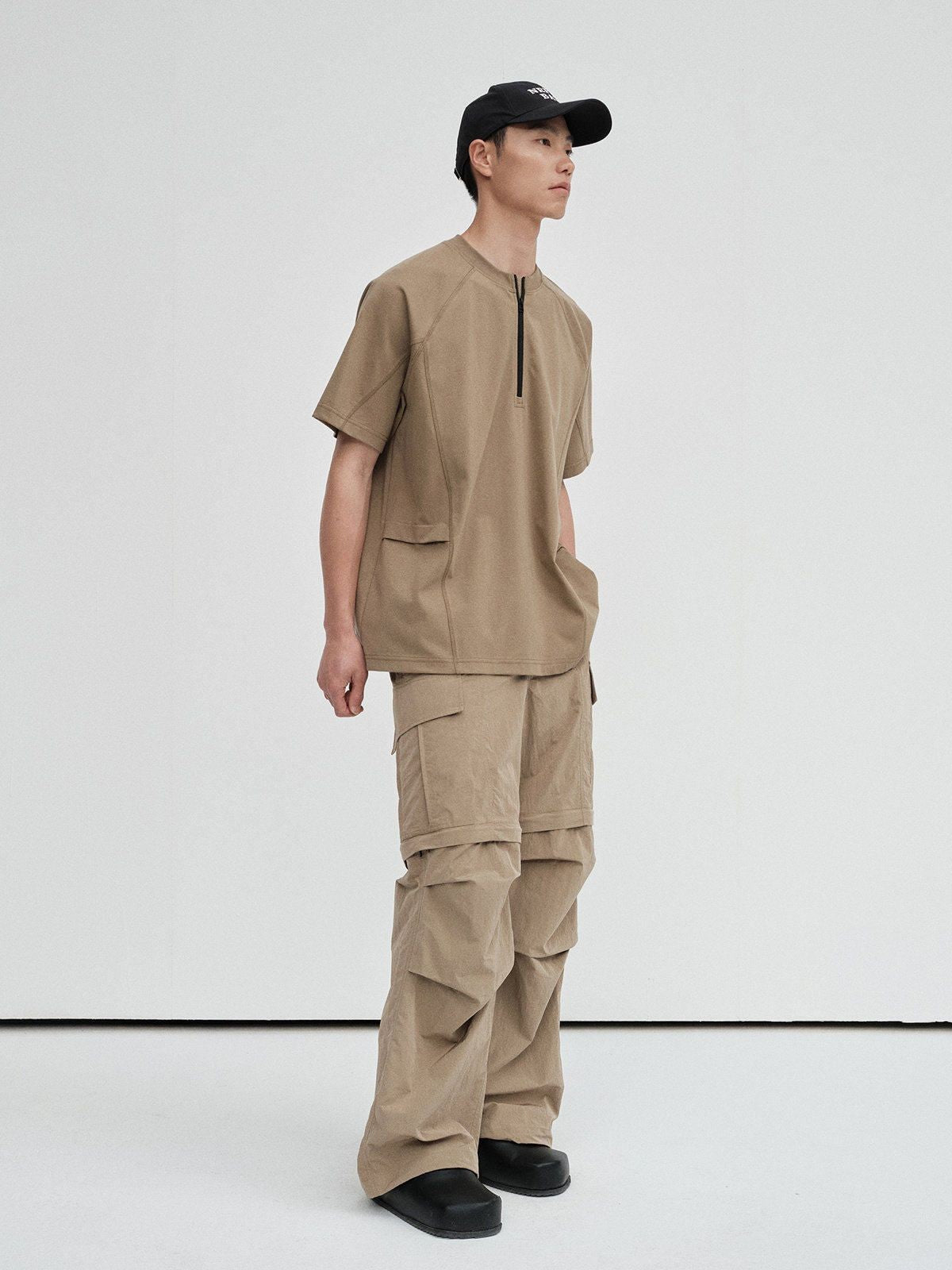 NANS Cotton Sorona Half Zip T Shirt in Olive - On Model