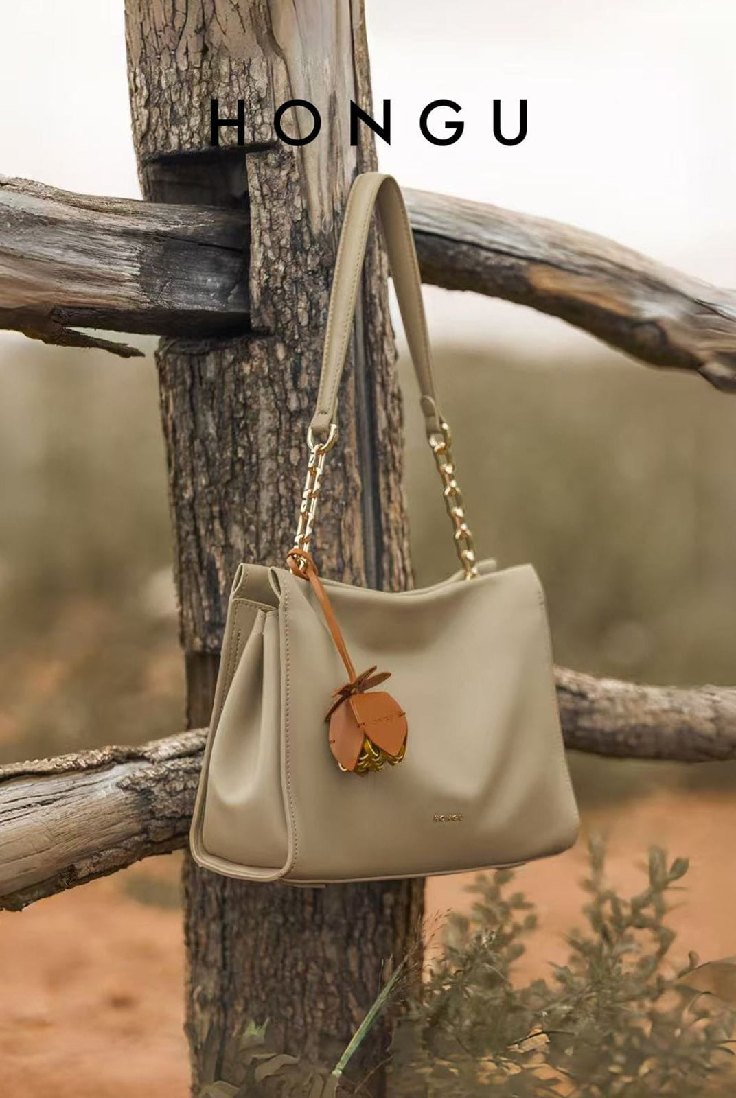 HONGU Textured Leather Shoulder Bag in Beige - Lifestyle