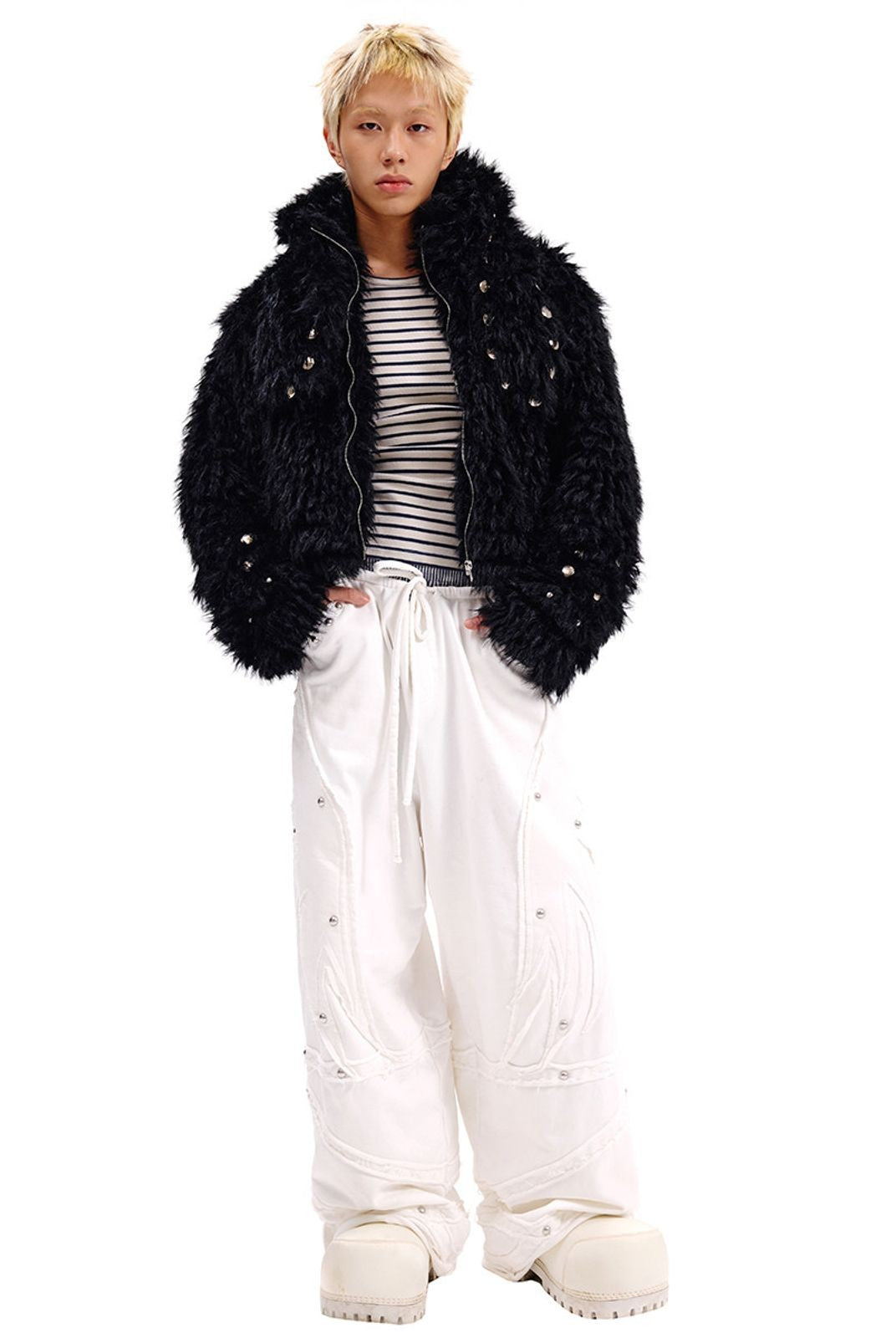 CFIERCE Studded Faux Fur Bunny Jacket in Black - On Male Model