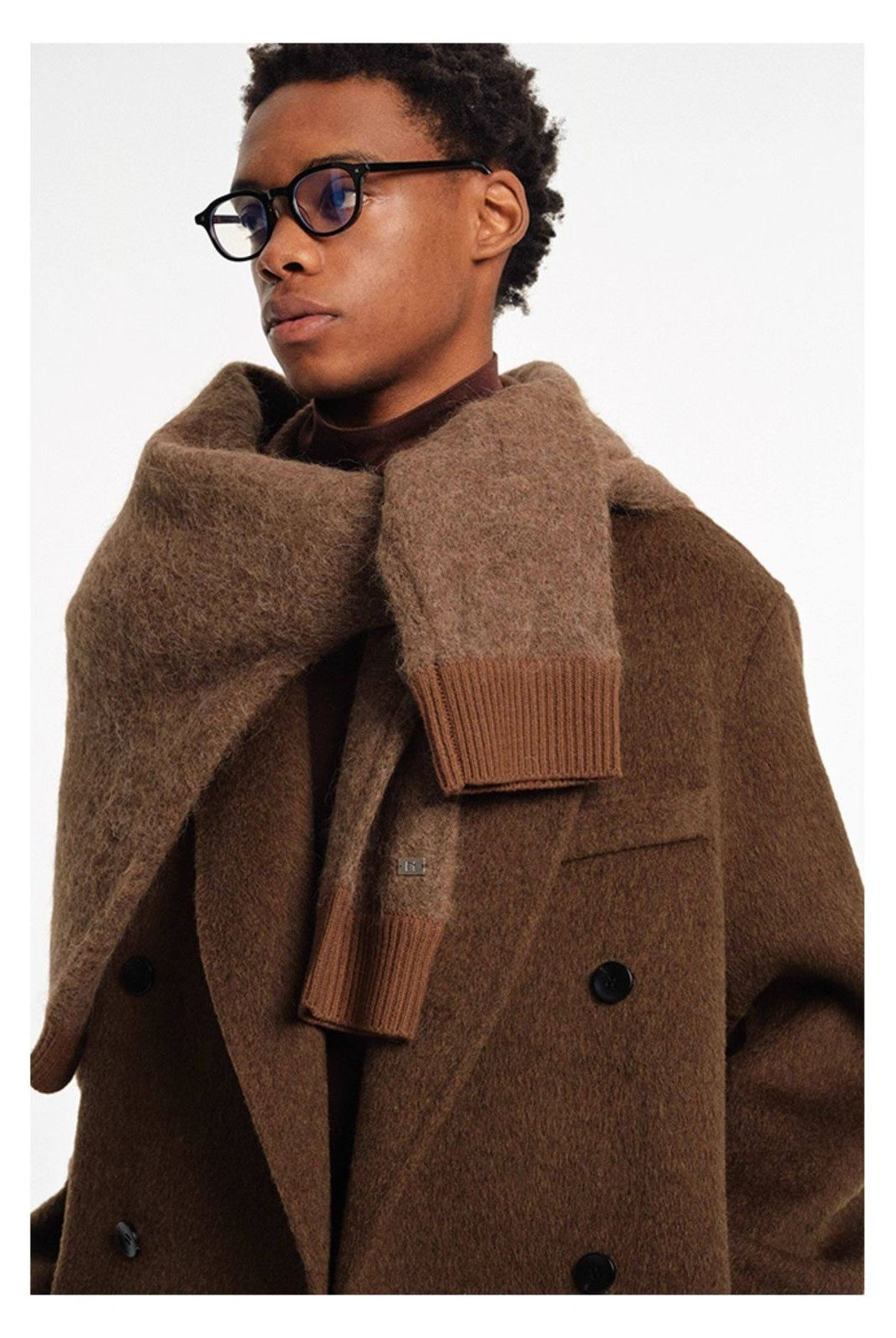 NANS Wool Silk Camel Double Breasted Coat in Brown - On Model