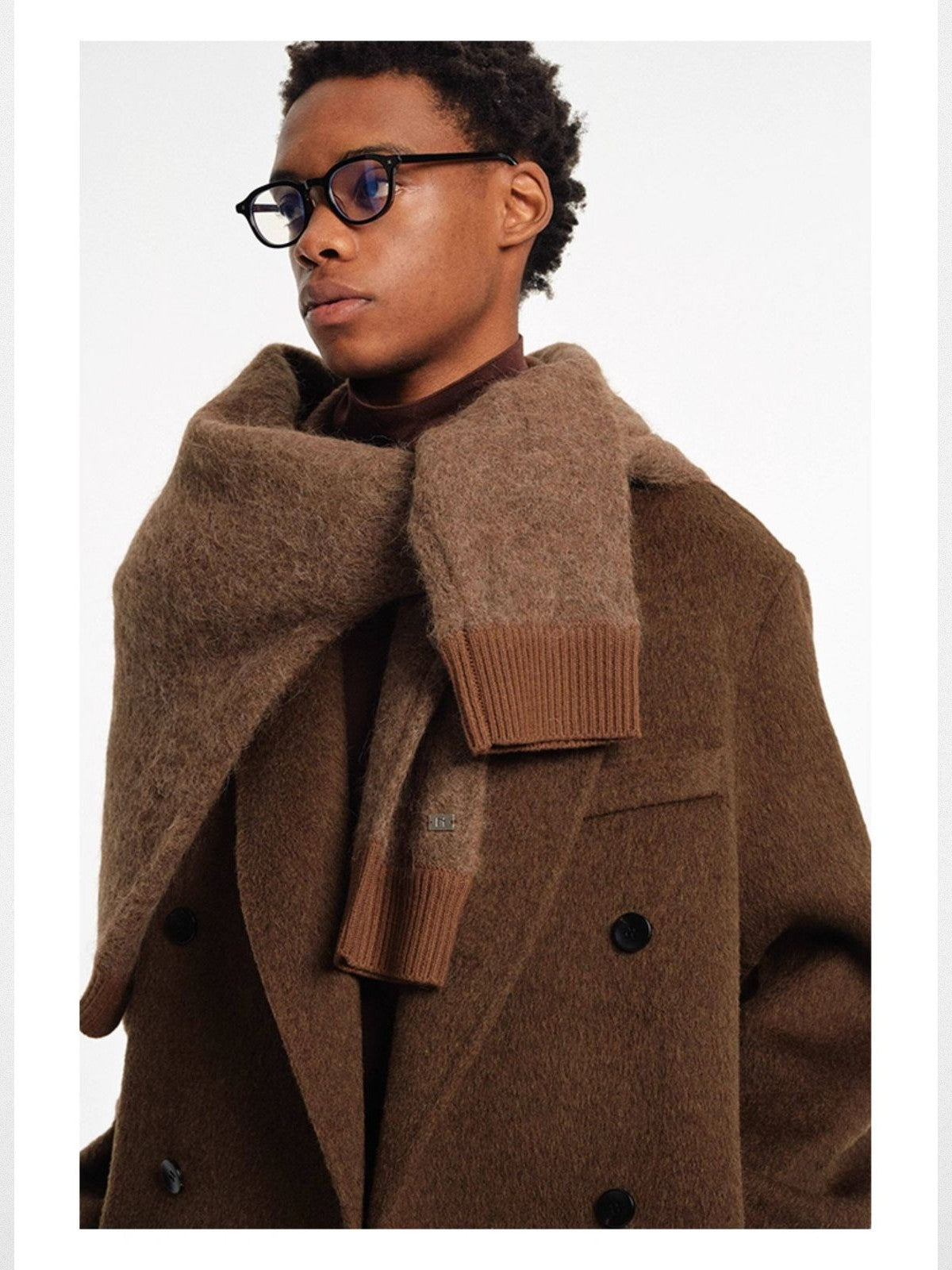 NANS Wool Silk Camel Double Breasted Coat in Brown - On Model