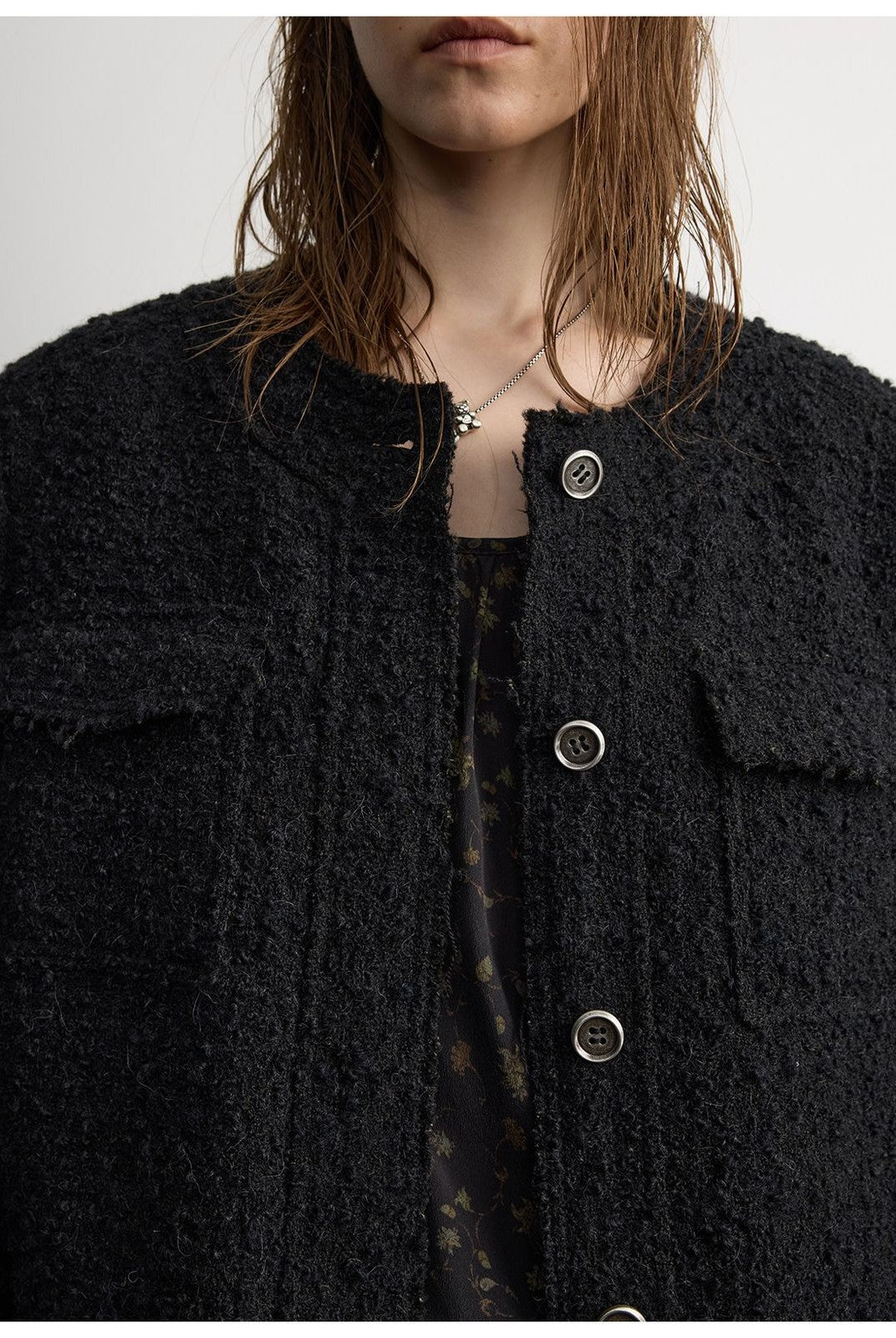 RandomPiece Raw Edge Collarless Boucl Blazer in Black - Detail