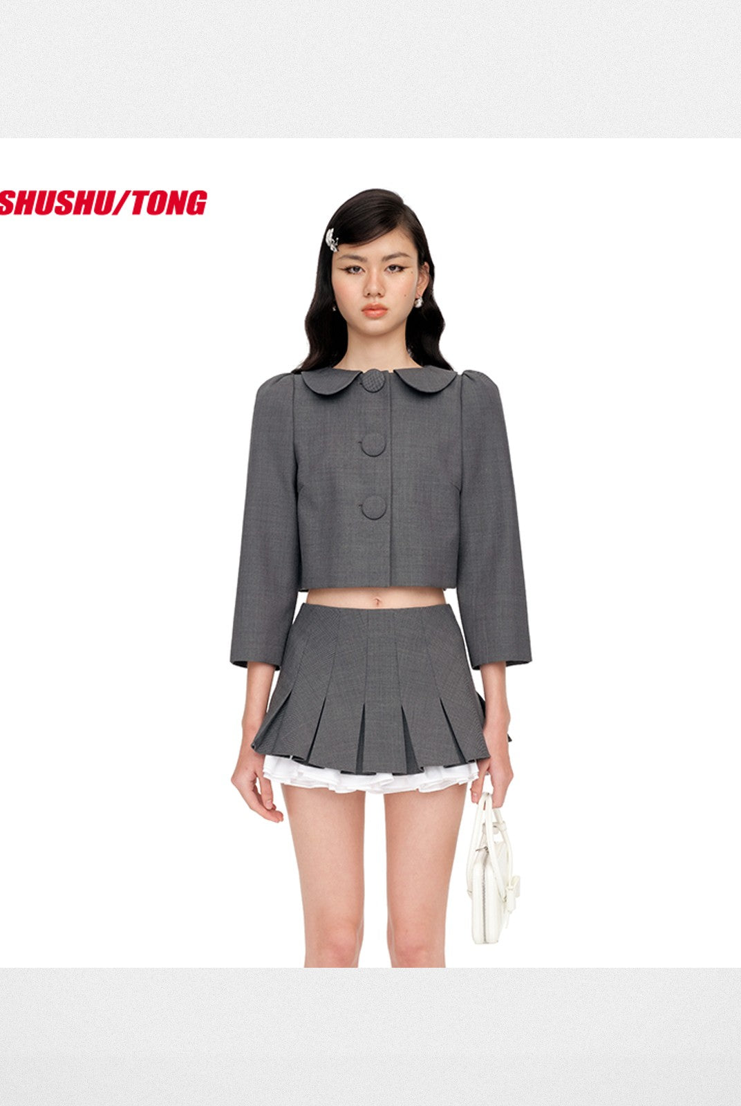 SHUSHUTONG Wool Blend Peter Pan Collar Jacket in Gray - On Model