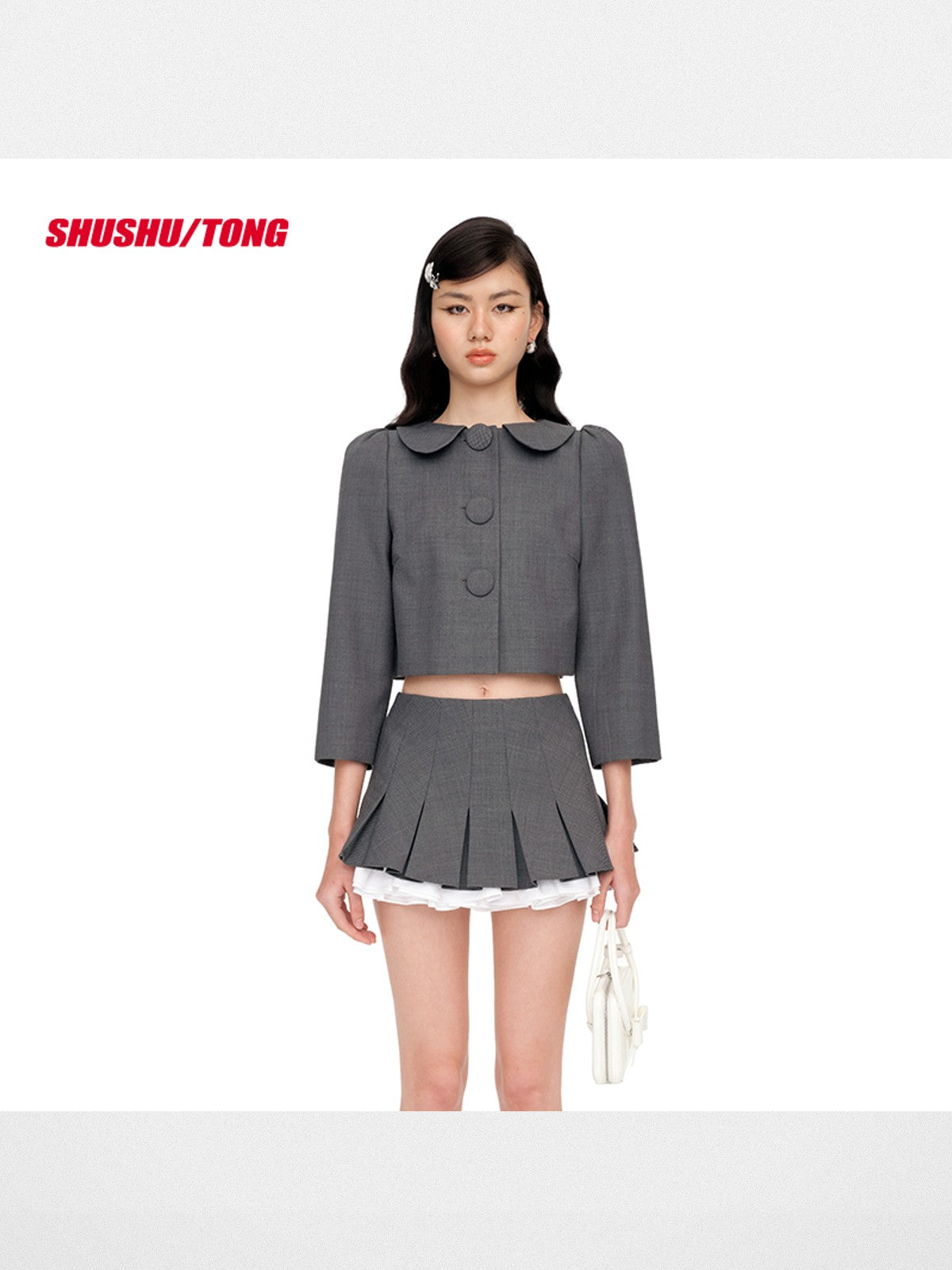 SHUSHUTONG Wool Blend Peter Pan Collar Jacket in Gray - On Model