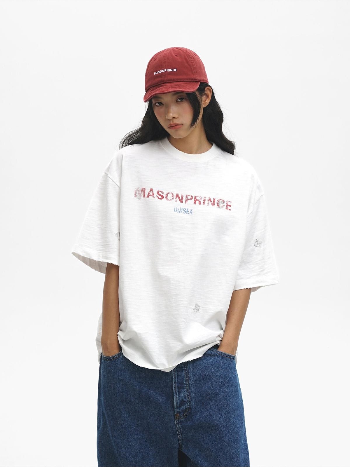 MasonPrince Distressed Slub Cotton T Shirt in White - On Model