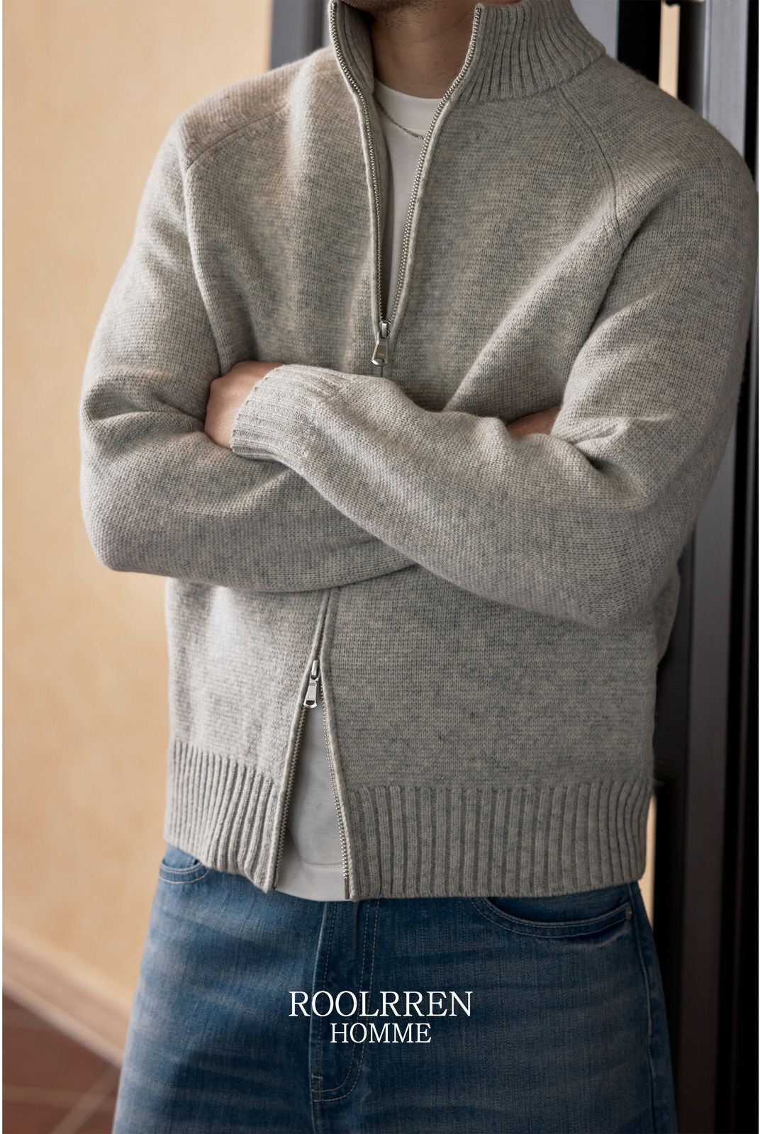 Roolrren Homme 100 Wool Stand Collar Zip Cardigan in Gray - On Model