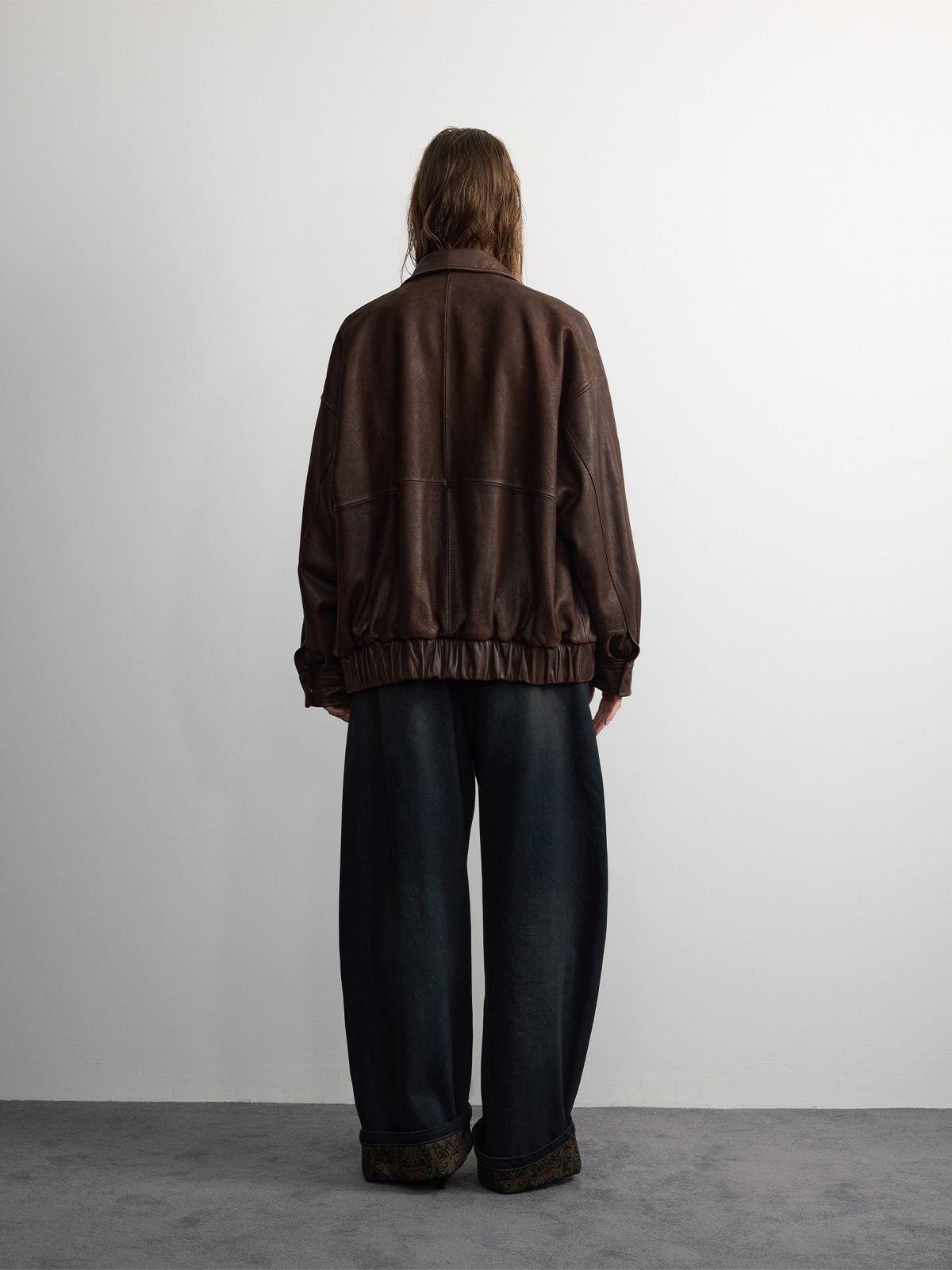 RandomPiece Oversized Distressed Lambskin Jacket in Coffee - On Model