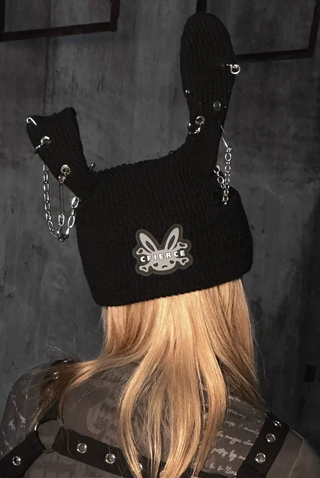CFIERCE Safety Pin Ribbed Bunny Beanie in Black