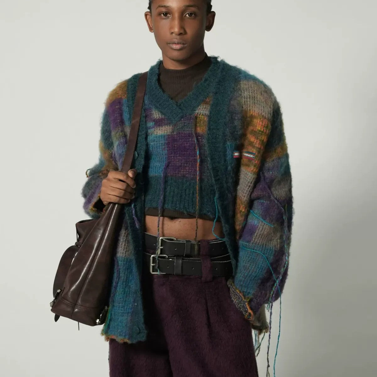 MASONPRINCE Mohair Checkerboard Fringe Cardigan in Blue - On Model #color_blue