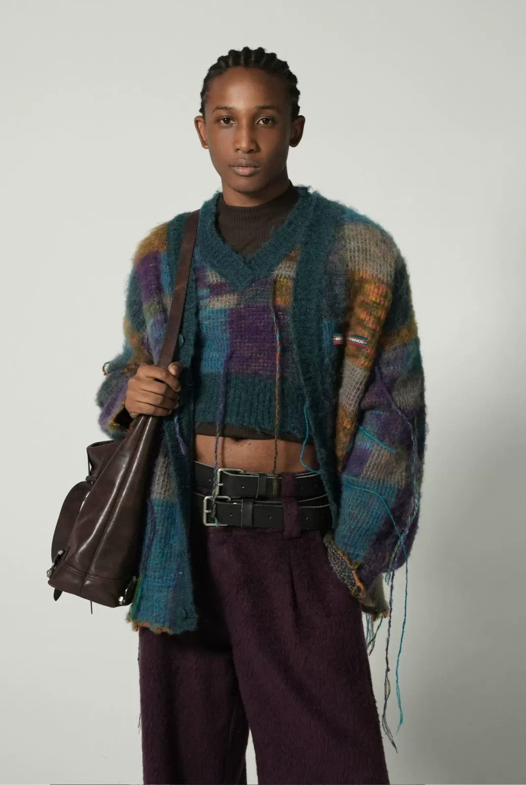 MASONPRINCE Mohair Checkerboard Fringe Cardigan in Blue - On Model #color_blue