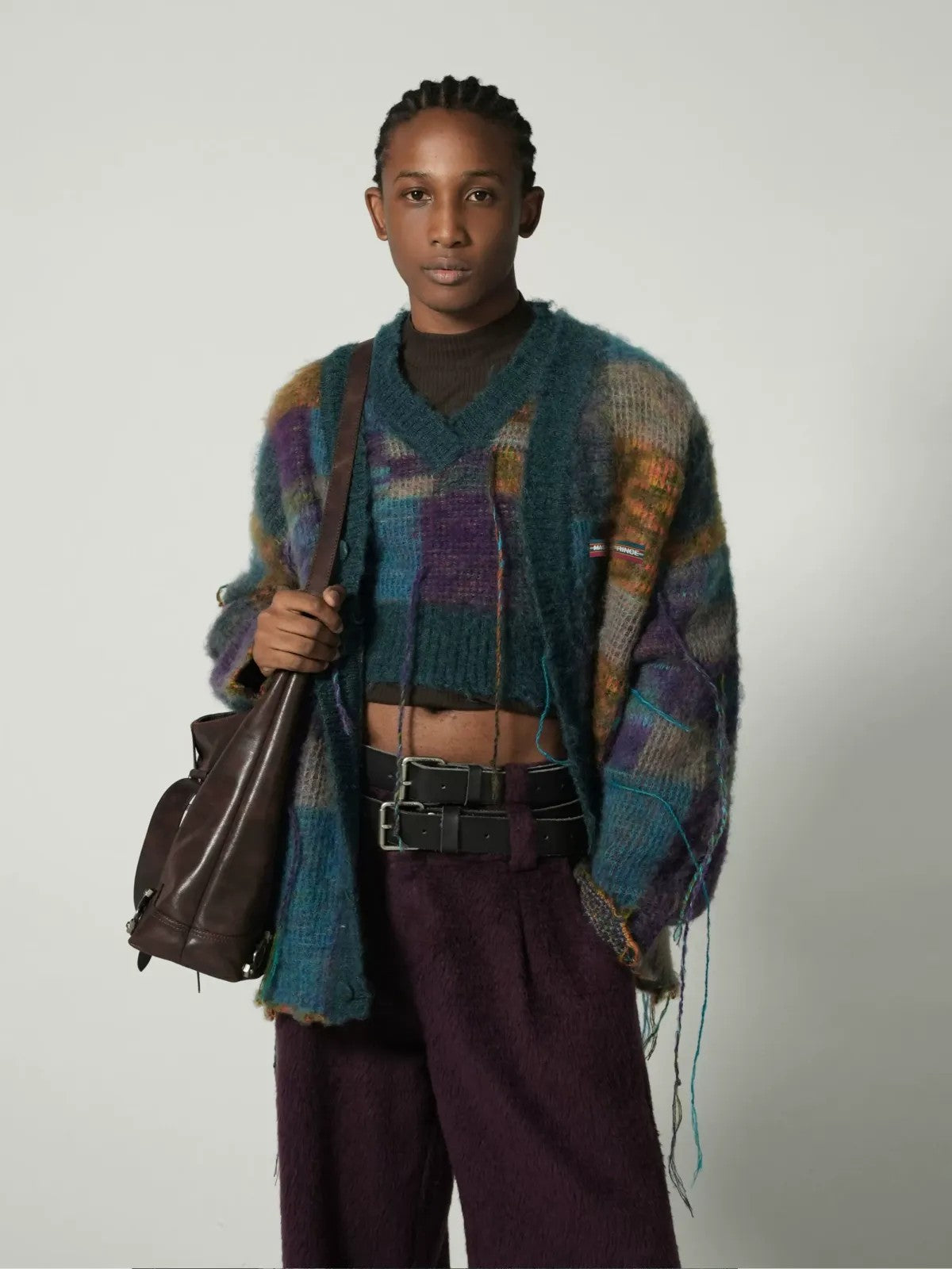 MASONPRINCE Mohair Checkerboard Fringe Cardigan in Blue - On Model #color_blue