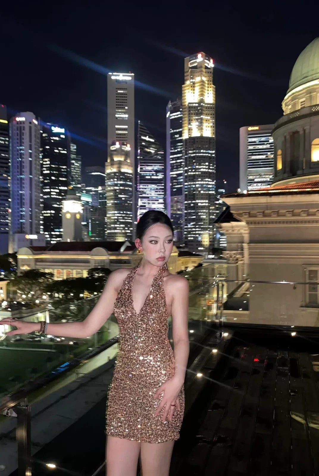 1S STUDIO Sequin Halter Neck Mini Dress in Gold - On Model