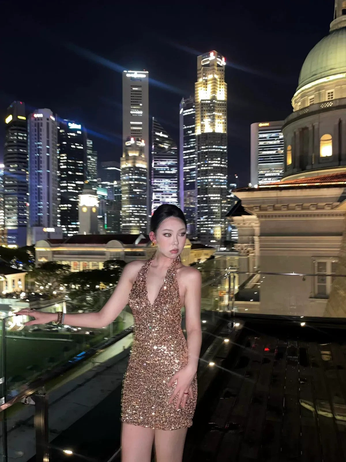 1S STUDIO Sequin Halter Neck Mini Dress in Gold - On Model