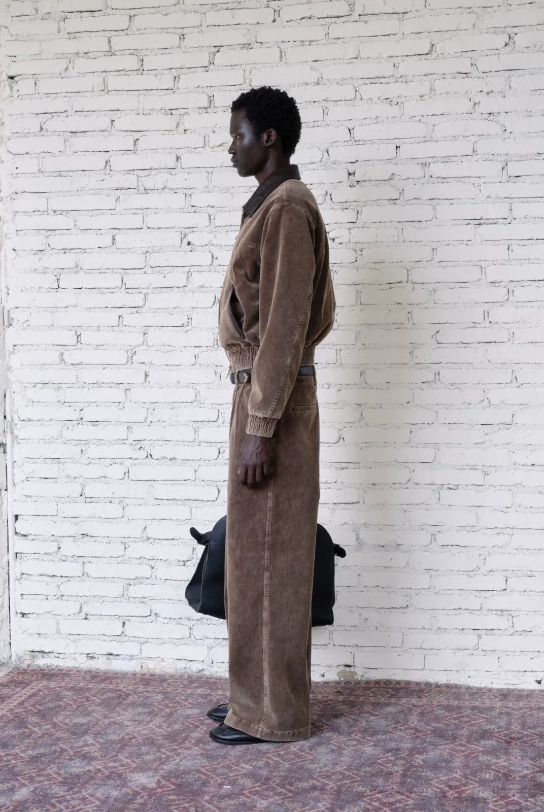 VLABMADE Leather Collar Corduroy Jacket in Brown - On Male Model