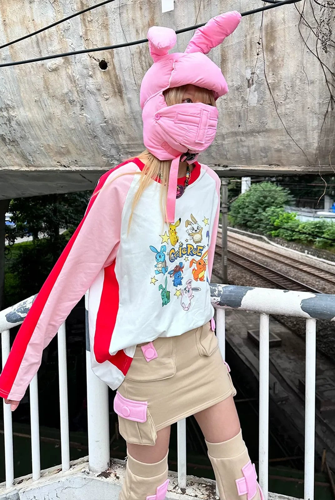 CFIERCE Padded Bunny Ear Bonnet in Pink - On Model