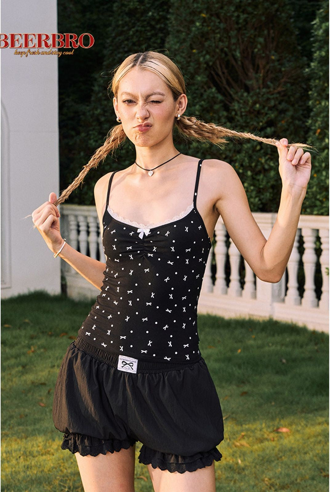 BeerBro Lace Trim Bow Print Camisole in Black - On Model