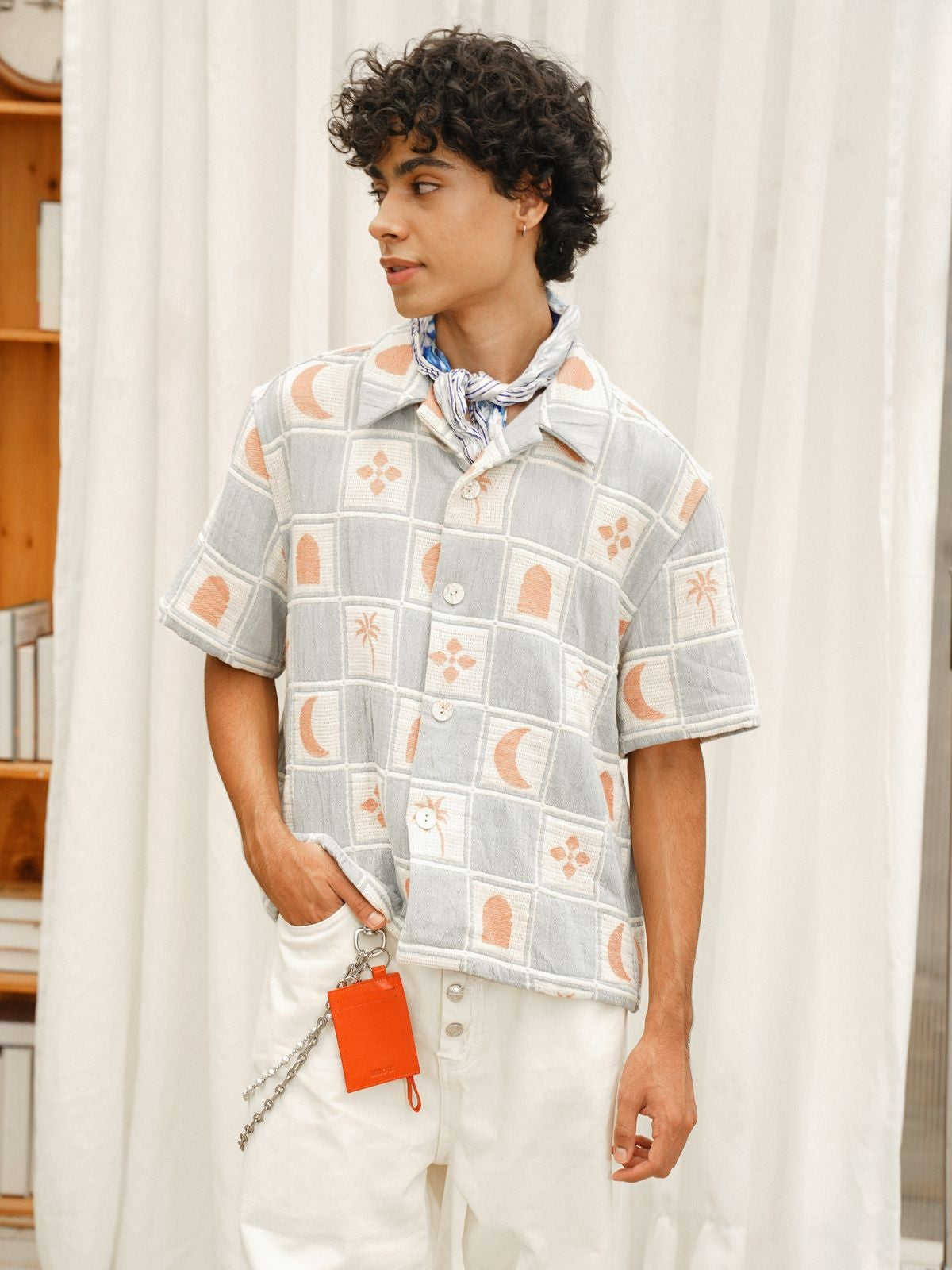 Retro 21 Knitted Plaid Camp Collar Shirt in Blue - On Model