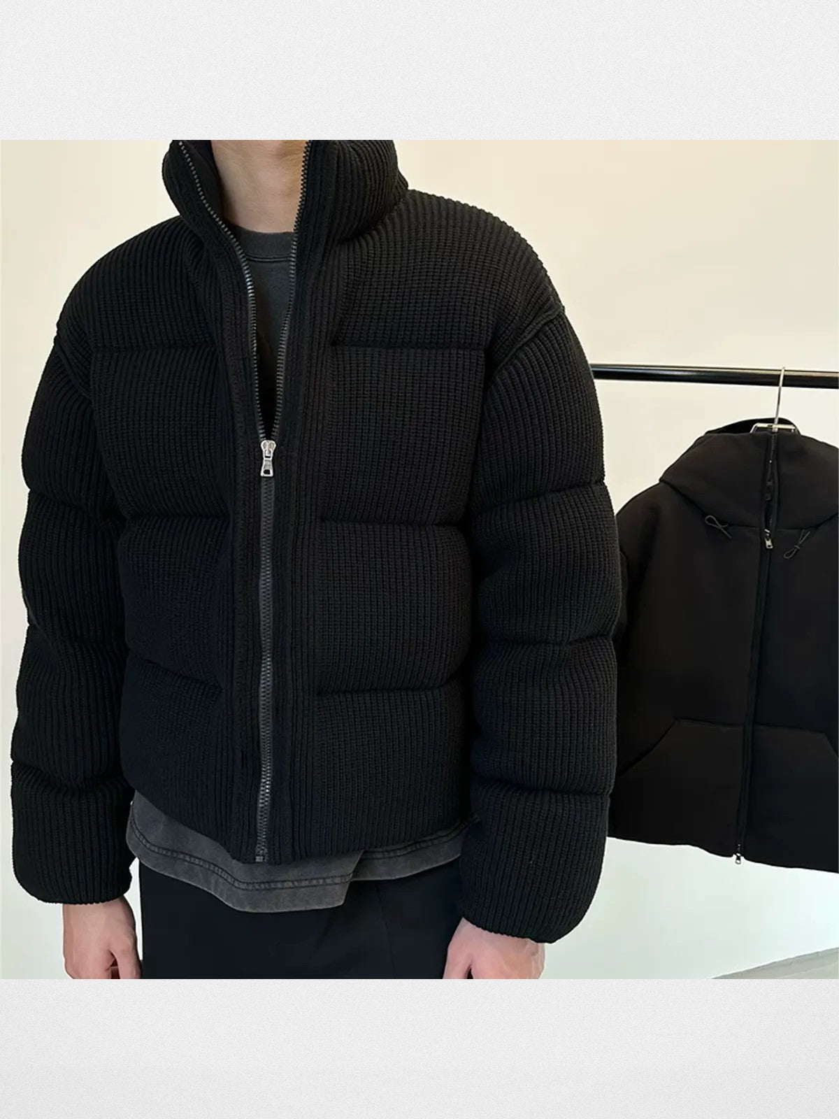 Roolrren Homme Hand Knit Cotton Down Puffer in Black - On Model